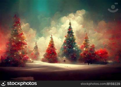 Fairy forest, christmas big snowy fir trees against background. Natural Scenery Realistic Illustration