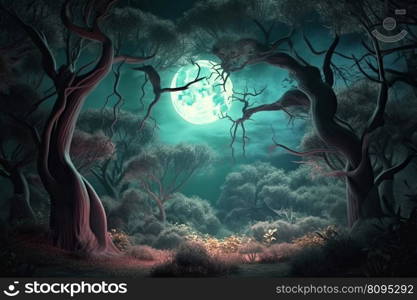 Fairy forest magical night. Dream fog. Generate Ai. Fairy forest magical night. Generate Ai