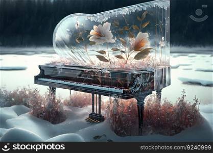 Fairy magic piano with flowers frozen in ice. Neural network AI generated. Fairy magic piano with flowers frozen in ice. Neural network AI generated art