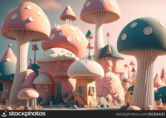 Fairy Pastel Colored Mushroom Houses Landscape. Cute Background. Generative AI. Fairy Pastel Colored Mushroom Houses Landscape. Generative AI