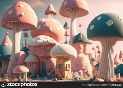 Fairy Pastel Colored Mushroom Houses Landscape. Cute Background. Generative AI. Fairy Pastel Colored Mushroom Houses Landscape. Generative AI