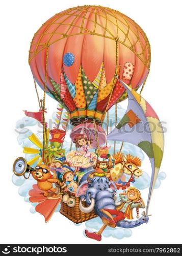 Fairy tale characters invite in travel by a balloon. Invitation card for a holiday or birthday. Raster illustration.