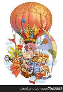 Fairy tale characters invite in travel by a balloon. Invitation card for a holiday or birthday. Raster illustration.