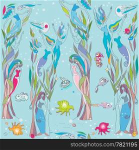 fairy tale seamless pattern with underwater forest, hand drawn composition with mermaids and fishes