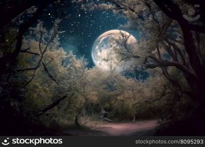 Fairy winter forest moon. Art moon. Generate Ai. Fairy winter forest moon. Generate Ai