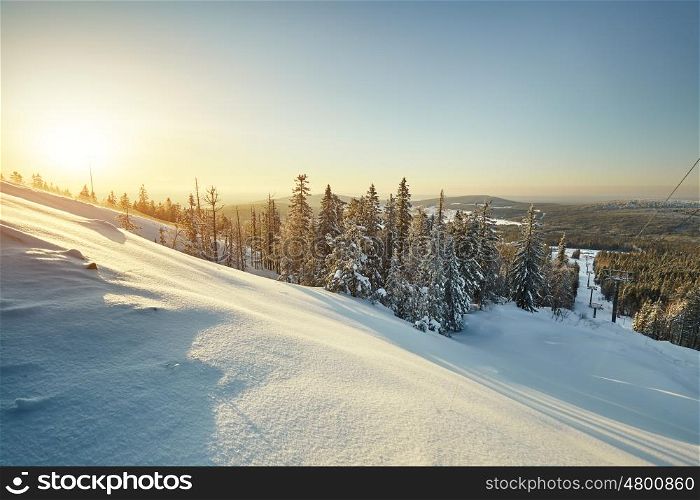 Fairy winter landscape with snow covered trees. Fantastic winter landscape. Dramatic overcast sky. Beauty world. Snowy forest