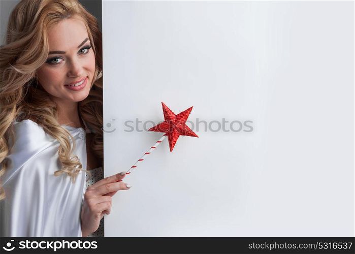 Fairy with magic wand. Fairy woman with magic wand with star pointing at white background