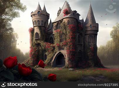 Fairytale castle overgrown with red roses
illustration. AI generative.