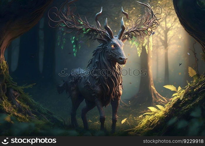 Fairytale fantasy deer in a magical forest. Neural network AI generated art. Fairytale fantasy deer in a magical forest. Neural network AI generated