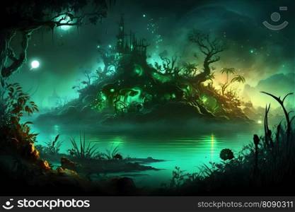 Fairytale fantasy forest night landscape, misty dark mood. Neural network AI generated. Fairytale fantasy forest night landscape, misty dark mood. Neural network AI generated art
