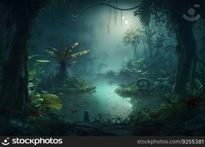 Fairytale fantasy forest night landscape, misty dark mood. Neural network AI generated. Fairytale fantasy forest night landscape, misty dark mood. Neural network AI generated art