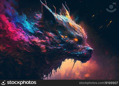 Fairytale multicolored space wild cat. Fairy animals concept. Neural network AI generated. Fairytale multicolored space wild cat. Fairy animals concept. Neural network AI generated art