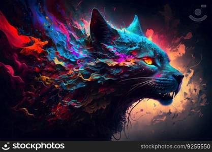 Fairytale multicolored space wild cat. Fairy animals concept. Neural network AI generated. Fairytale multicolored space wild cat. Fairy animals concept. Neural network AI generated art