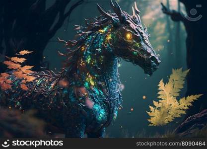 Fairytale unicorn animal in fantasy forest Neural network AI generated art. Fairytale unicorn in fantasy forest Neural network AI generated
