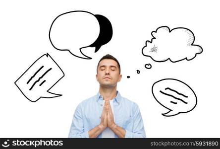 faith, religion and people concept - man with closed eyes praying to god with text bubble doodles