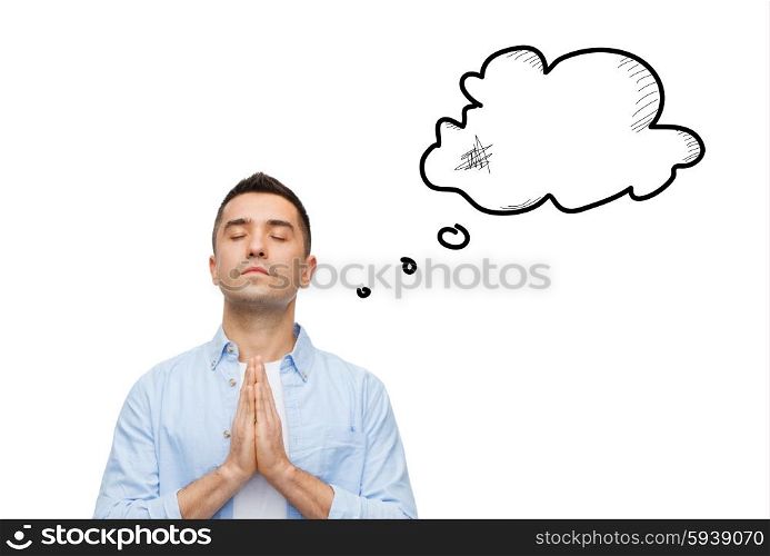 faith, religion and people concept - man with closed eyes praying to god with empty text bubble doodle