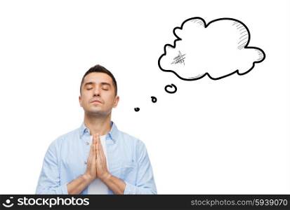faith, religion and people concept - man with closed eyes praying to god with empty text bubble doodle