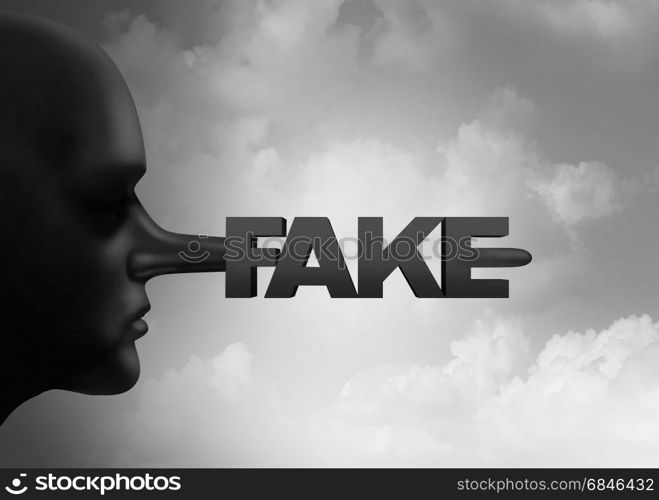 Fake media concept and leak or leaking news or hoax journalistic reporting as a person with a long liar nose shaped as text as false information and reporting metaphor and deceptive disinformation with 3D illustration elements.