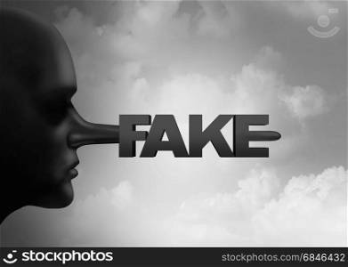 Fake media concept and leak or leaking news or hoax journalistic reporting as a person with a long liar nose shaped as text as false information and reporting metaphor and deceptive disinformation with 3D illustration elements.