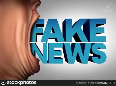 Fake news communication concept and hoax journalistic reporting as a person with text coming out of an open mouth as false media reporting metaphor and deceptive disinformation with 3D illustration elements.