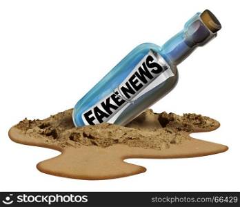 Fake news communication symbol and hoax journalistic reporting as a message in a bottle as text as false media reporting metaphor and deceptive disinformation with 3D illustration elements.