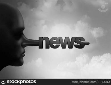 Fake news concept and hoax journalistic reporting as a person with a long liar nose shaped as text as false media reporting metaphor and fraudulent deceptive disinformation with 3D illustration elements.
