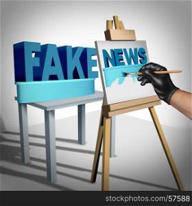 Fake news media concept and hoax journalistic reporting as a dishonest person painting false information on a public canvas as truth as a metaphor and deceptive disinformation creation with 3D illustration elements.