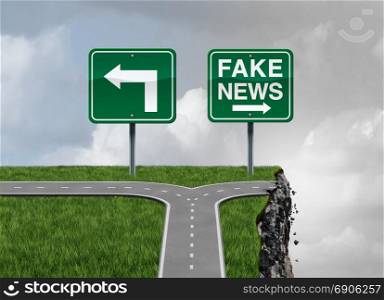 Fake news risk and alternative facts danger concept as a crossroad path with truth and false direction traffic sign leading to a broken cliff as a media or fraudulent communication symbol with 3D render elements.