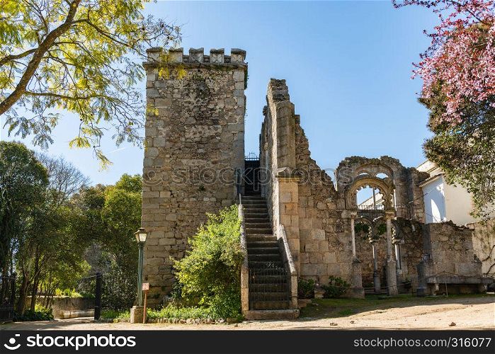 Fake Ruins in the Evora Public Park in Portugal built in the 1860s using materials from the ruins of several other local monuments mostly remains of twinned windows in Manueline and Mudejar styles