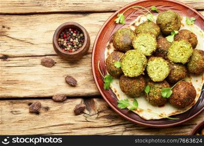 Falafel deep-fried balls made from chopped legumes or chickpeas. Falafel,vegan Israeli food