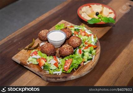 Falafel plate with vegetables salad and sauce on the table.