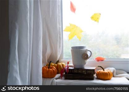 fall coffee on windowsil, autumn view with leaves in background. Fall leaves autumn background