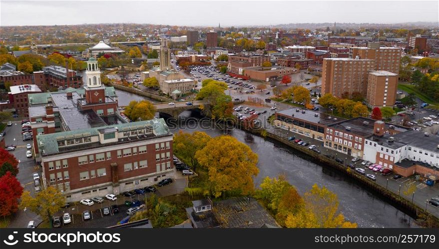 Fall comes to the trees and landscape in the downtown urban core of Pawtucket Rhode Island