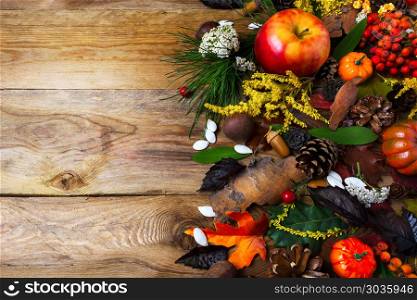 Fall decoration with rowan berries on wooden table. Fall decoration with pumpkin and rowan on wooden table. Thanksgiving greeting with seasonal symbols