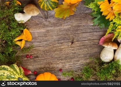 Fall frame with mushrooms, moss, leaves and pumkins on wooden table
