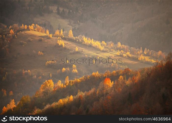 Fall in mountain hills. Alpine October scene