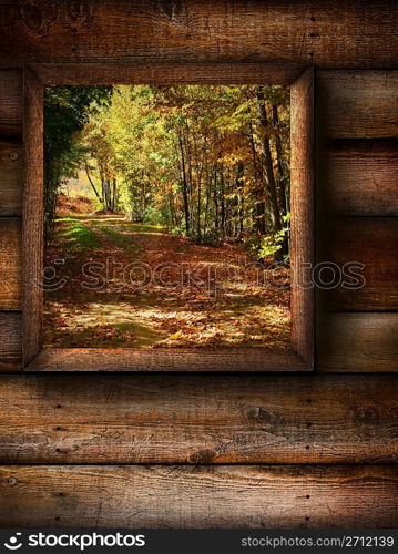 Fall landscape view through a pine window