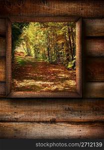 Fall landscape view through a pine window