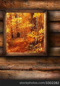 Fall landscape view through a pine window