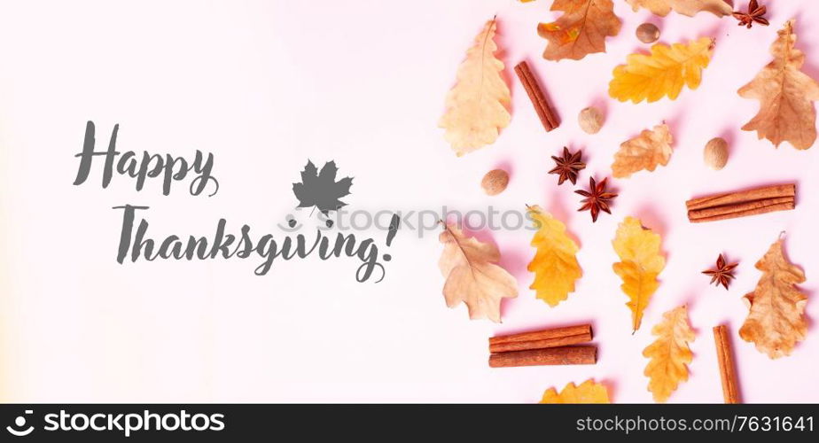 Fall leaves and spices on pink flat lay autumn background with happy thanksgiving greetings on pink, top view. Fall leaves autumn background