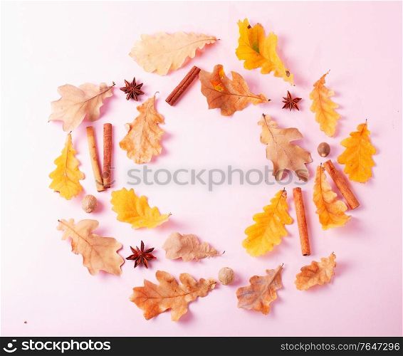 Fall leaves and spices on pink flat lay frame, autumn background. Fall leaves autumn background
