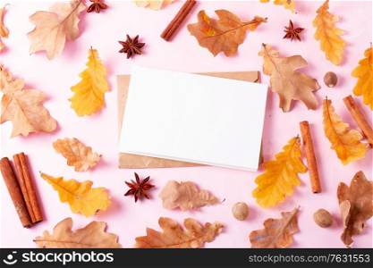 Fall leaves and spices on pink flat lay pattern, autumn background with copy space on white card. Fall leaves autumn background
