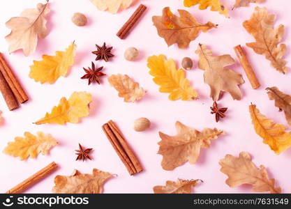 Fall leaves and spices on pink flat lay top view autumn background. Fall leaves autumn background