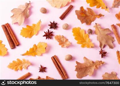 Fall leaves and spices on pink flat lay top view autumn background. Fall leaves autumn background