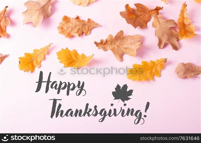 Fall leaves on pink flat lay autumn background, fall season and holidays concept with happy thanksgiving greetings. Fall leaves autumn background