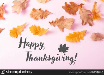 Fall leaves on pink flat lay autumn background, fall season and holidays concept with happy thanksgiving greetings. Fall leaves autumn background