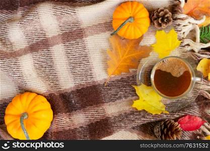 Fall leaves with coffee and pumpkins on woolen plaid autumn background. Fall leaves autumn background