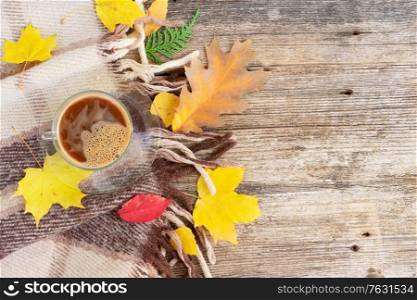 Fall leaves with cup of coffee on woolen plaid autumn background with copy space. Fall leaves autumn background