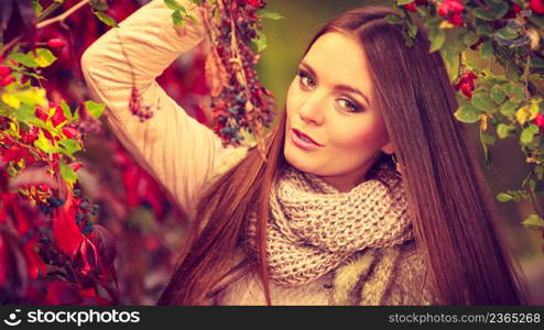 Fall lifestyle concept, harmony freedom. Beauty young woman fashion girl relaxing walking in autumnal park, outdoor