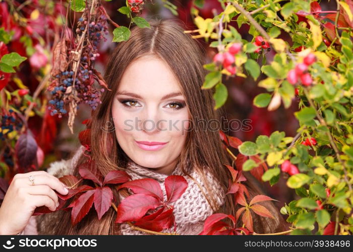 Fall lifestyle concept, harmony freedom. Beauty young woman fashion girl relaxing walking in autumnal park, outdoor